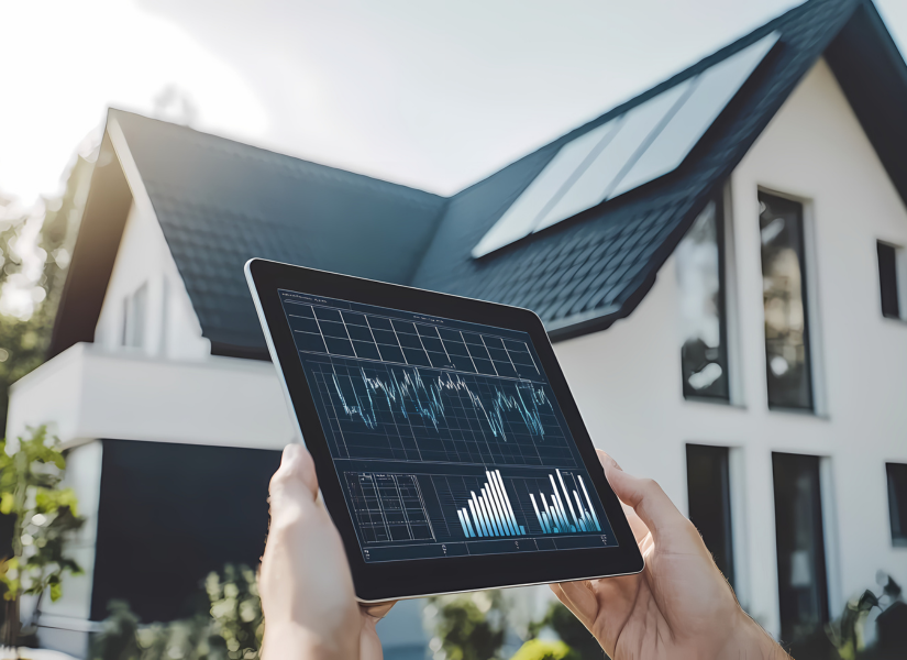 maison avec panneaux solaires et tablette de suivi de la consomation