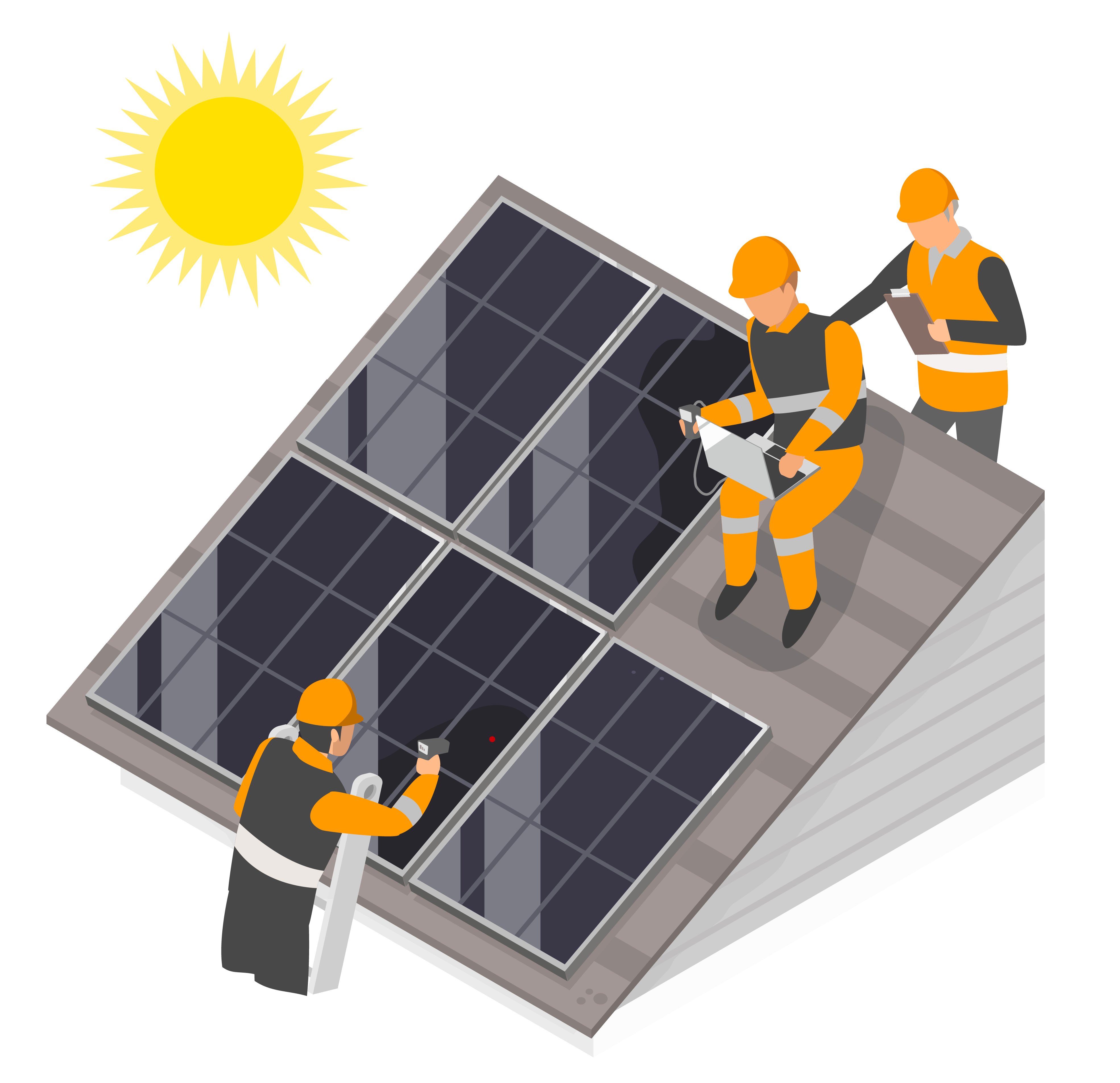 installateurs sur un toit avec des panneaux solaires